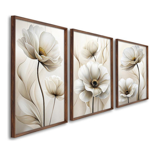 Kit 3 Quadros Decorativos Florais – Flores Brancas Elegantes para Sala, Quarto e Hall