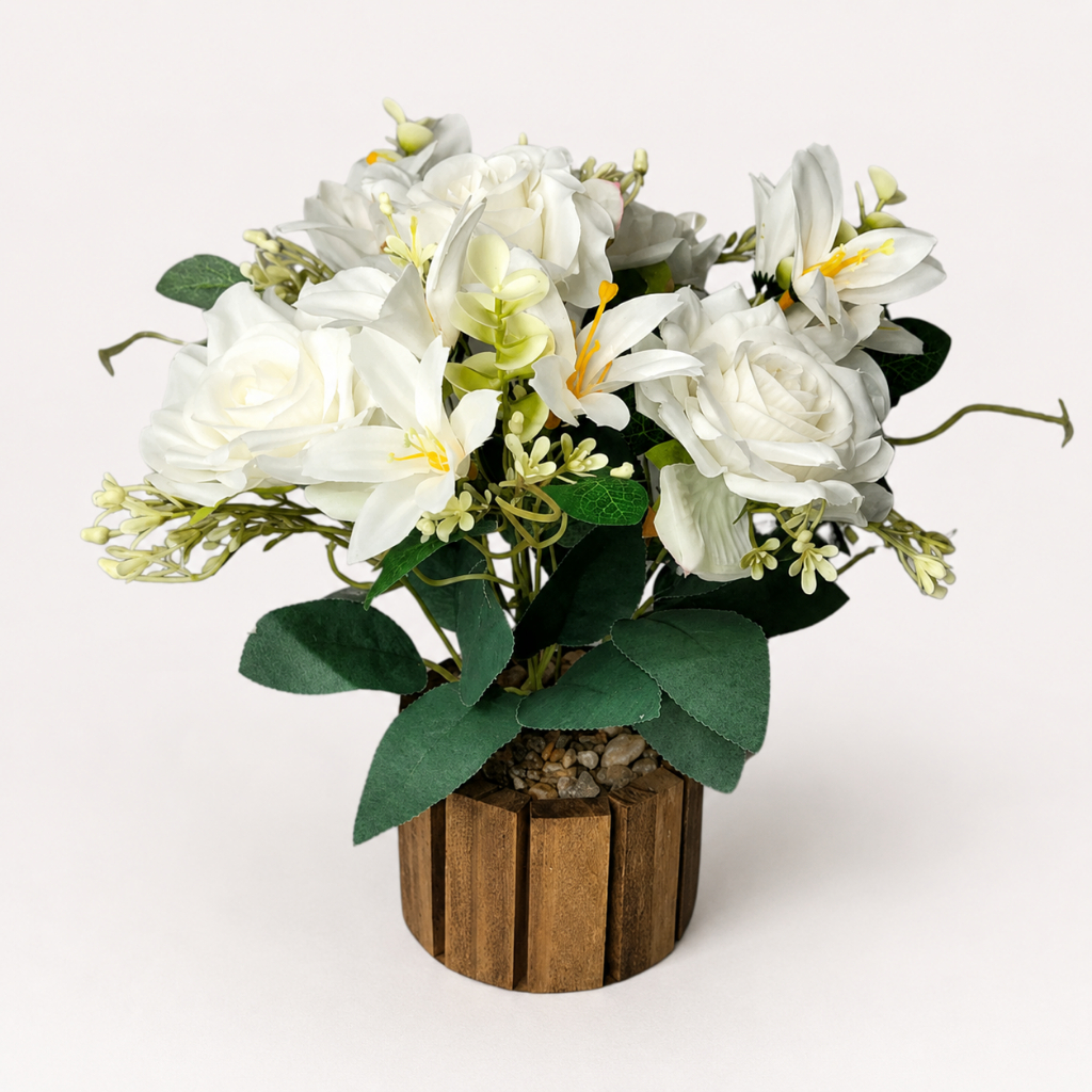 Arranjo Floral Artificial Rosas E Lírios Brancos X7 Com Vaso Rústico Para Mesa Sala Quarto Casa Lar