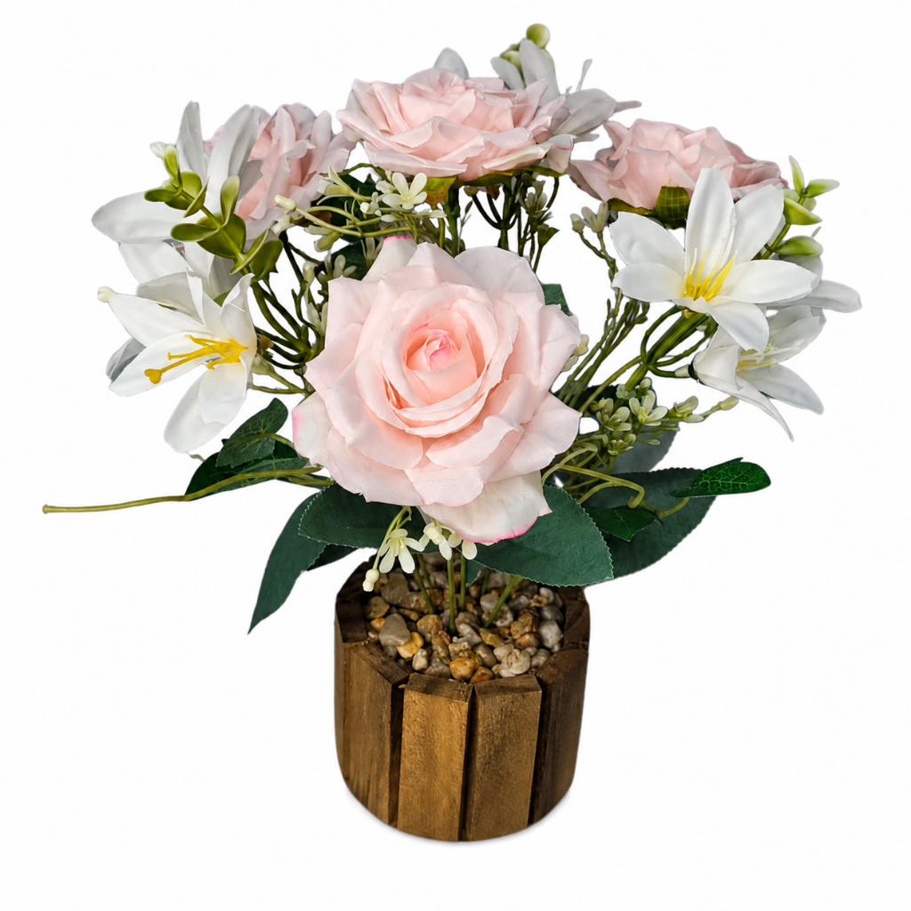 Arranjo Floral Artificial Rosas Rosa Claro E Lírios Brancos X7 Vaso Rústico Para Mesa Sala E Quarto