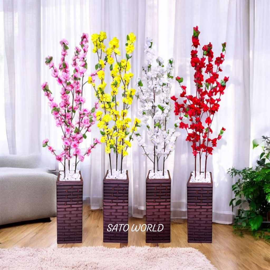 Arranjo Floral Artificial de Pessegueira no Vaso Coluna de Madeira Trançada - Beleza e Durabilidade COLU