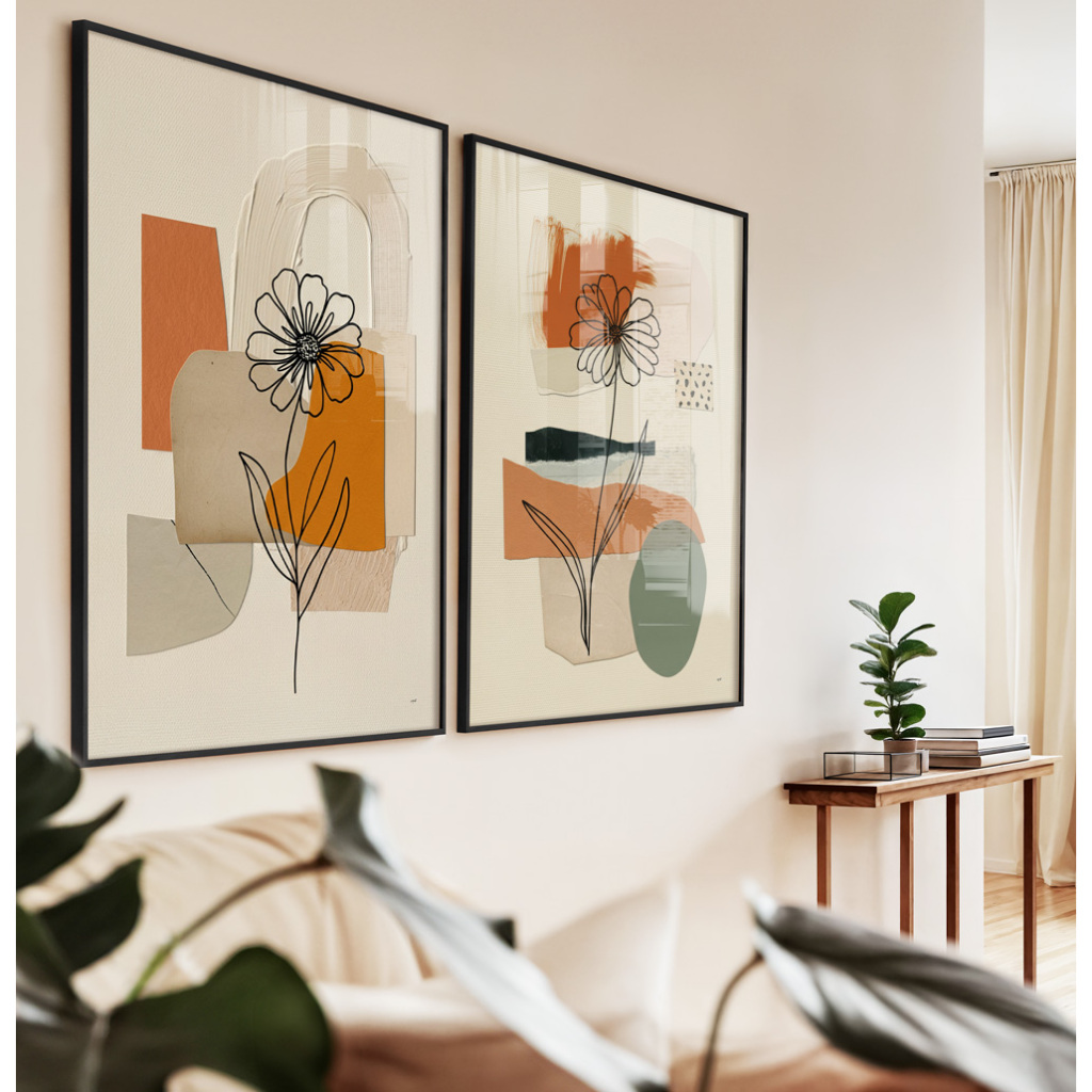 Quadros Decorativos Sala Quarto Floral Duo Com Moldura Filete Desenho Minimalista Colagem De Flores
