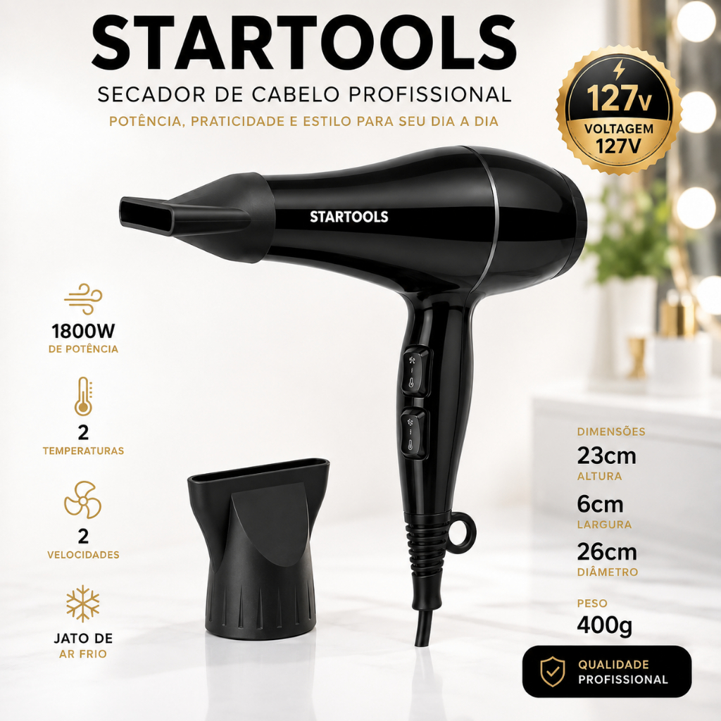 Secador Profissional 1800W 127V Potente Secagem Rápida Leve Compacto Cabelo Salão em Casa
