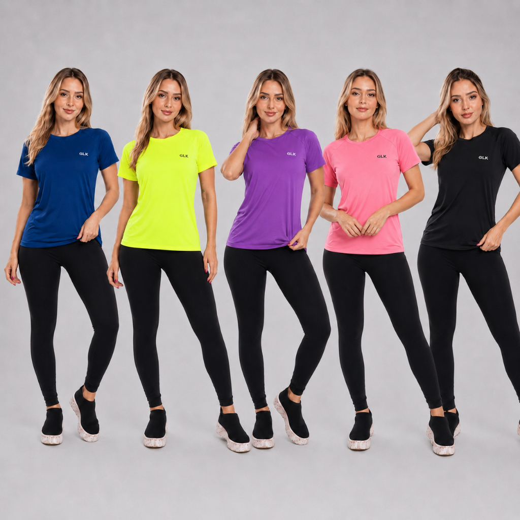 Kit 5 Camiseta Feminina Manga Curta Para Treino Academia Corrida Caminhada Baby Look Mulher - GLK Sports