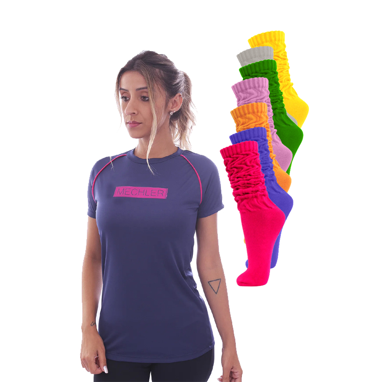 Mechler Kit Camisa T-shirt Dryfit 7 Meias Aeróbicas 00% Algodão Cores Variadas Academia Musculação Mulher Feminina