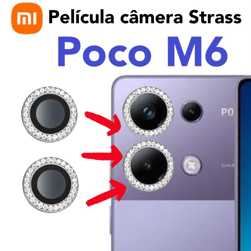KIT (2 peças)Película câmera Diamante Para Xiaomi Poco M6 4G/5G Película protege lentes de celular com Strass Brilhante Brilho traseira colorido