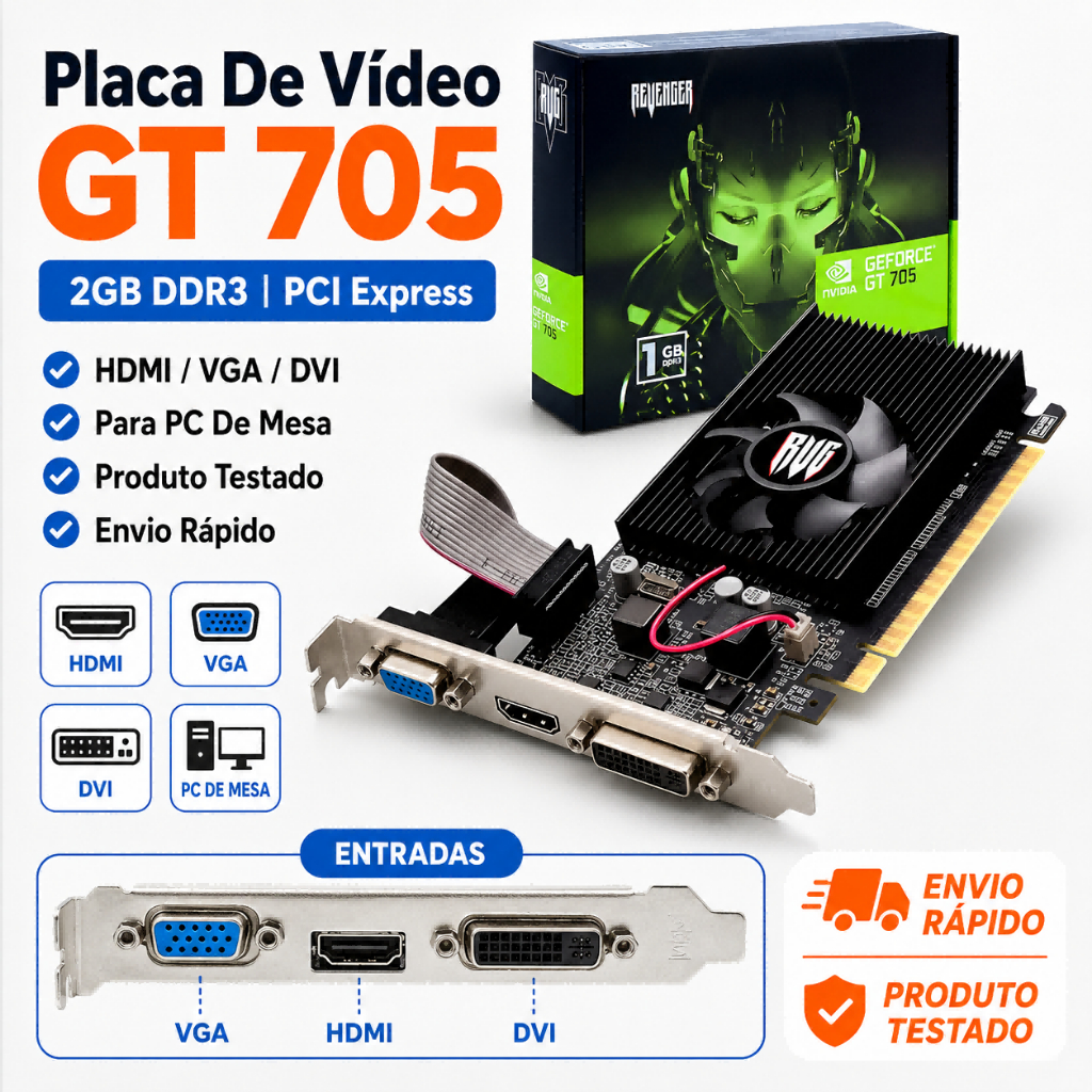 Placa De Vídeo GT 705 2GB DDR3 HDMI VGA DVI PCI-E Para PC Desktop Testada