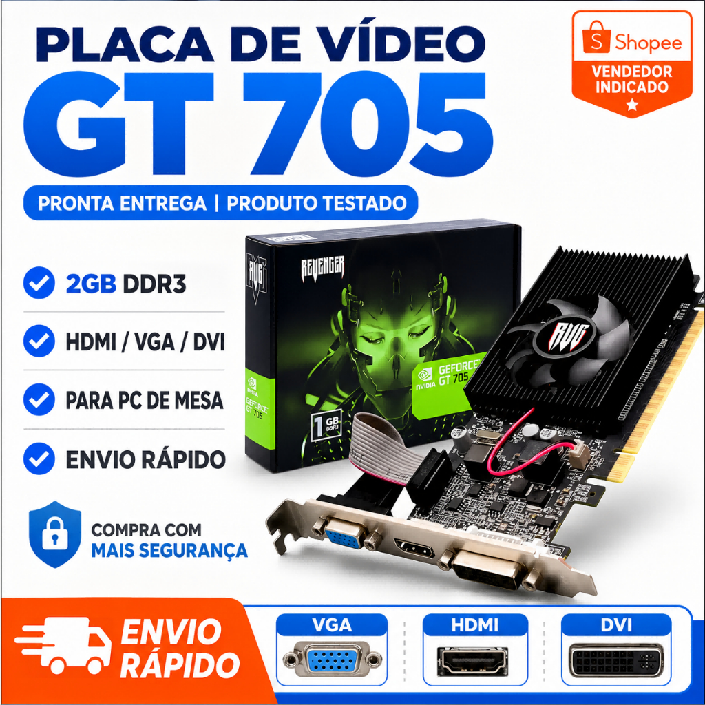 Placa De Vídeo GeForce GT 705 2GB DDR3 HDMI VGA DVI Testada