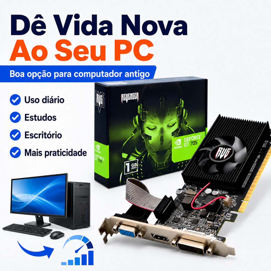 Placa De Vídeo GT 705 2GB DDR3 Para PC HDMI VGA DVI PCI Express