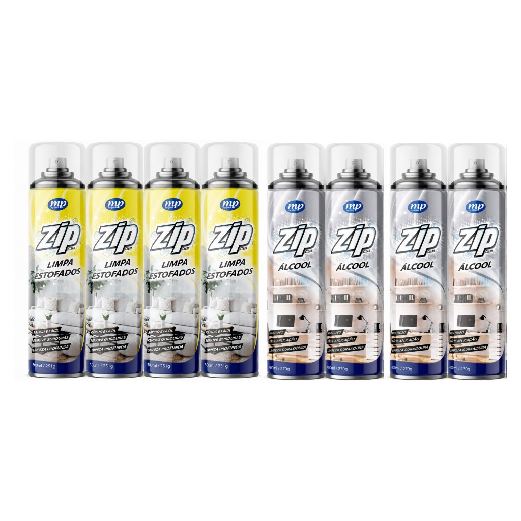 4 unidades Limpa Estofados Zip Clean 300 ml + 4 Unidades Alcool Zip Clean 400ml