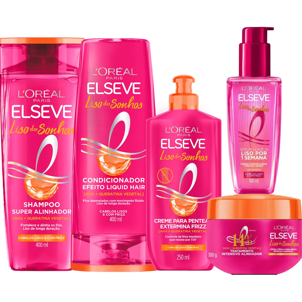 Kit Elseve Liso Dos Sonhos Shampoo 400ml+Condicionador 400ml+Máscara 300g+Creme Pentear 250ml+ Serum Leave-in 100ml