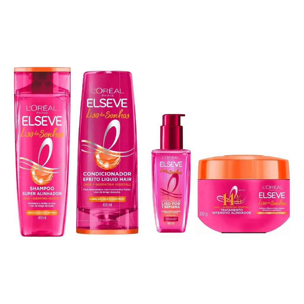 Kit Elseve Liso Dos Sonhos Shampoo 400ml+Condicionador 400ml+Máscara 300g+Serum Leave-in 100ml