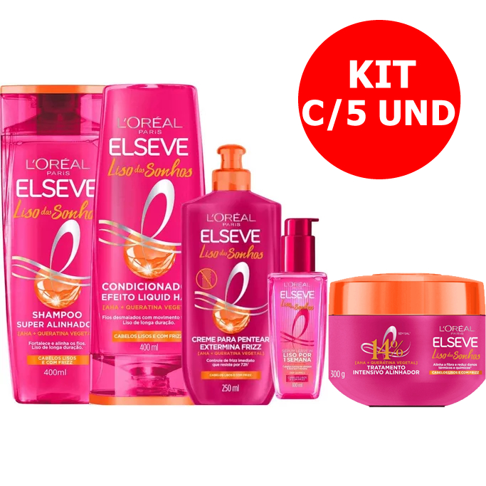 KIT ELSEVE LISO DOS SONHOS C/5 ITENS 1SH 400ML+1COND 400ML+1CR PENT 250ML+1MASC TRAT 300ML+1SERUM 100ML