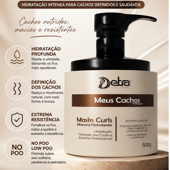 Máscara hidratante Hidratação cabelos cacheados Masks Curls Meus Cachos Detra Hair Cosméticos 500gr