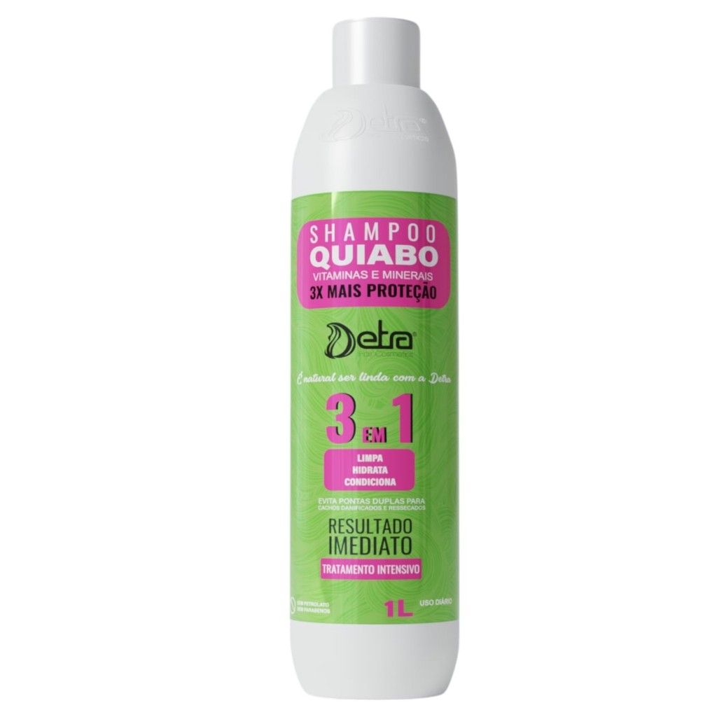 Shampoo Cachos 3x1 Quiabo 1 Litro Limpa Hidrata e Condiciona Detra Hair Cabelo Cacheado Ondulado