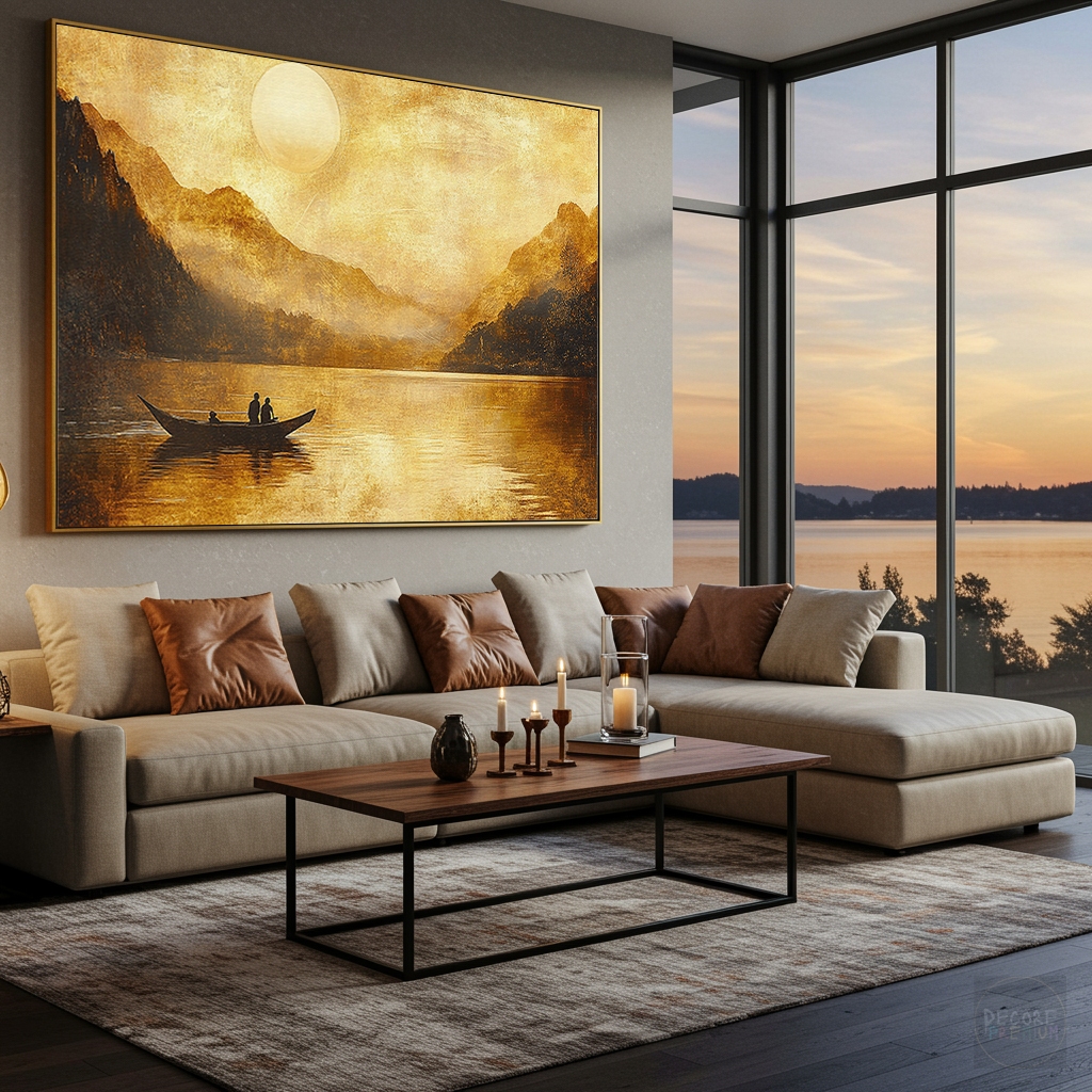 Quadro Paisagem Plena Lago E Canoa Serenidade E Tranquilidade Montanhas no Verão Arte Horizontal