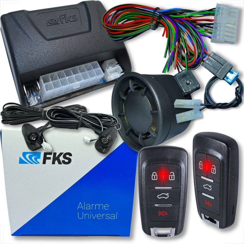ALARME AUTOMOTIVO FK904 UNIVERSAL COM BLOQUEADOR 2 CONTROLES CR960 SAÍDAS AUXILIARES E SIRENE
