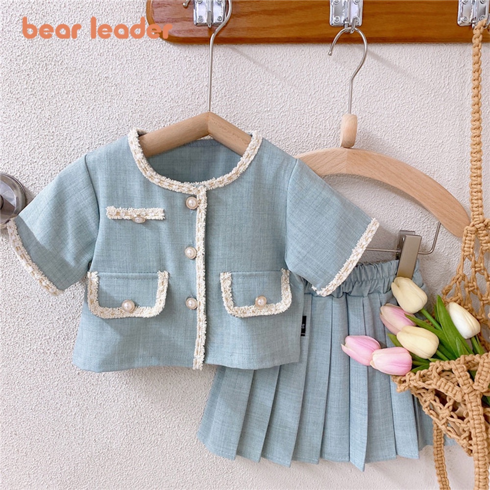 Líder Do Urso Versão Coreana Conjunto De Vento De Pequeno Incenso De Menina 2024 Summer New Short-sleeved Top Pleated Skirt Duas Peças