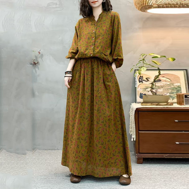 New ethnic 2026 cotton-linen set with printed vintage loose-fitting skirt, mom's three-quarter length skirt two-piece dr