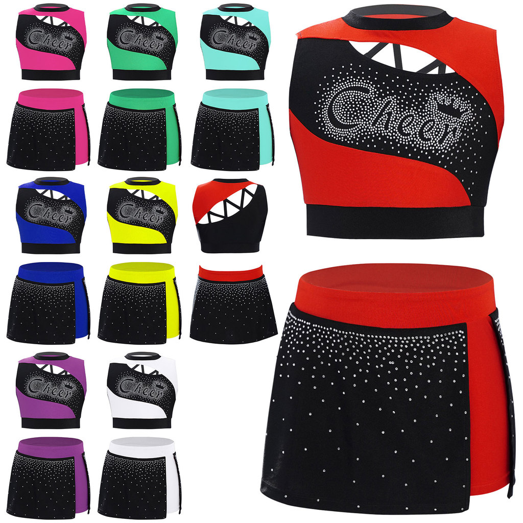 inhzoy Kids Girls Cheerleading Dance Outfit Sleeveless Cutout Sparkling Rhinestones Crop Top with Side Slit Skirt
