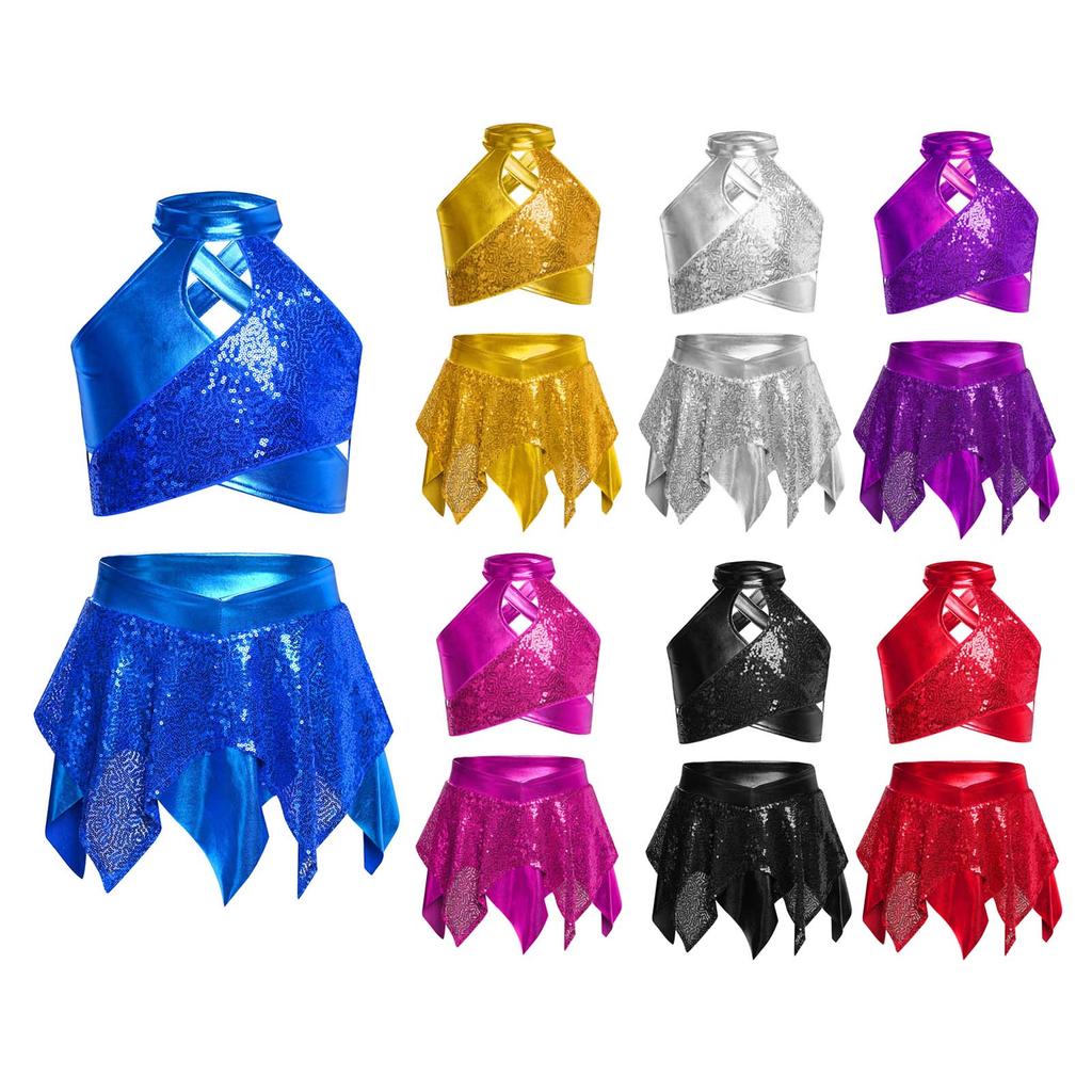 inhzoy Kids Girls Jazz Dance Performance Costume Cross Keyhole Sparkly Sequins Metallic Crop Top with Asymmetric Skirt