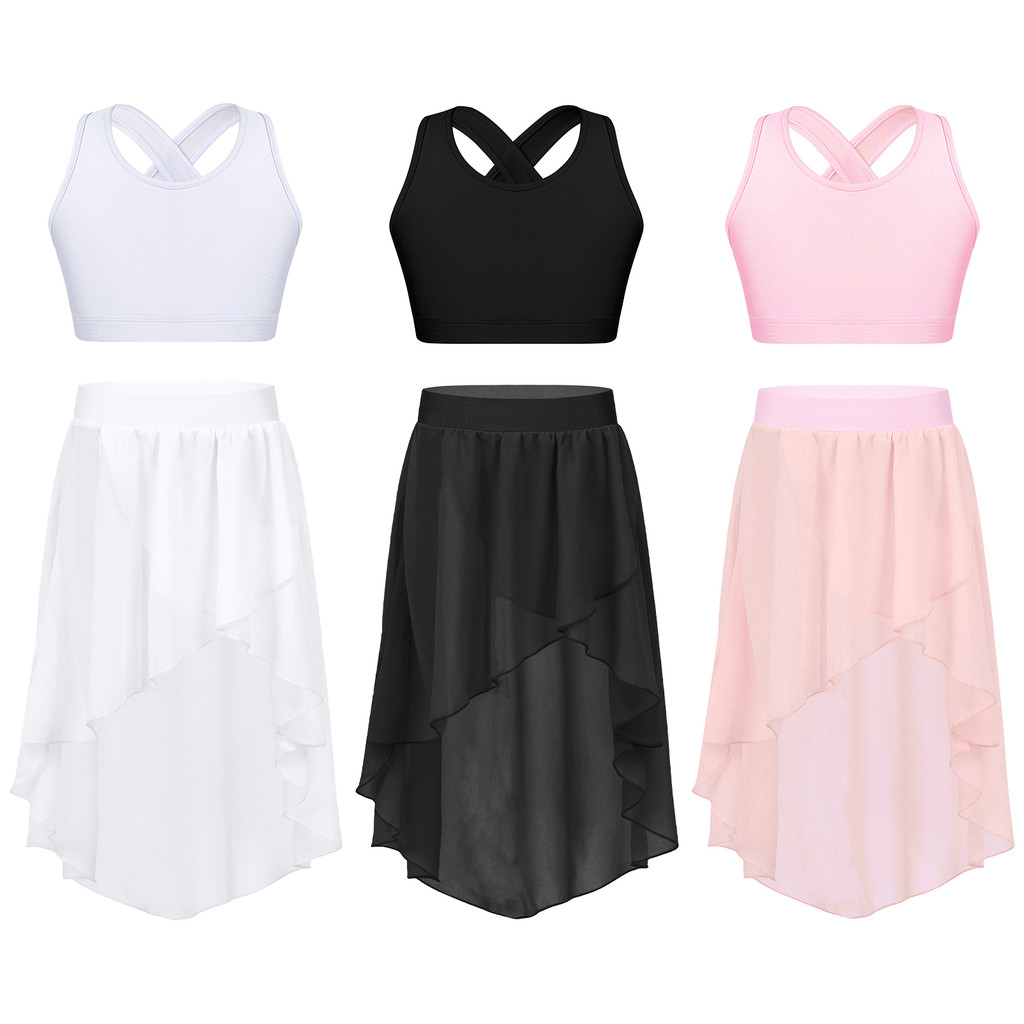 inhzoy Kids Girls Sleeveless U Neck Cross Rear Crop Top with High-Low Elastic Waistband Skirt for Dance Performance