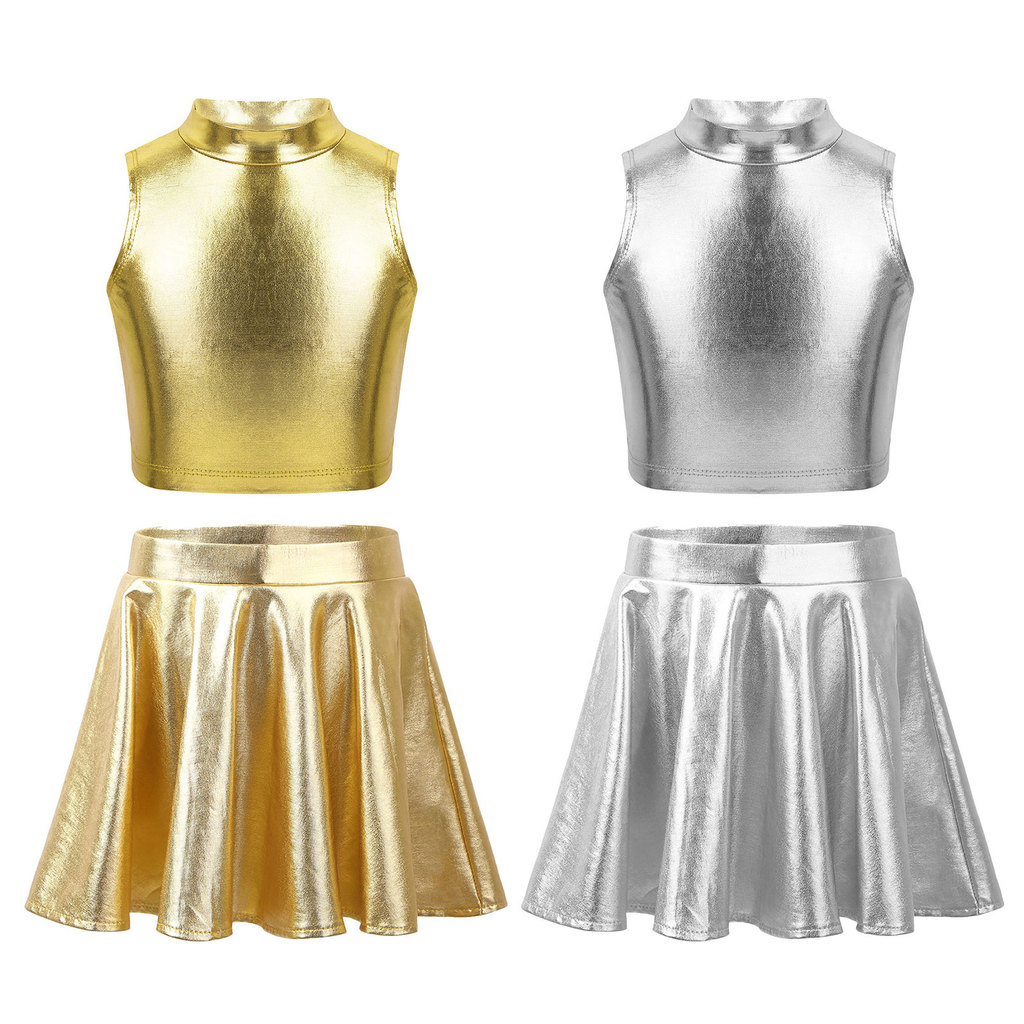 inhzoy Girls Kids Metallic Sleeveless Turtleneck Tops and Flared Pleated A-Line Mini Skort Skirt