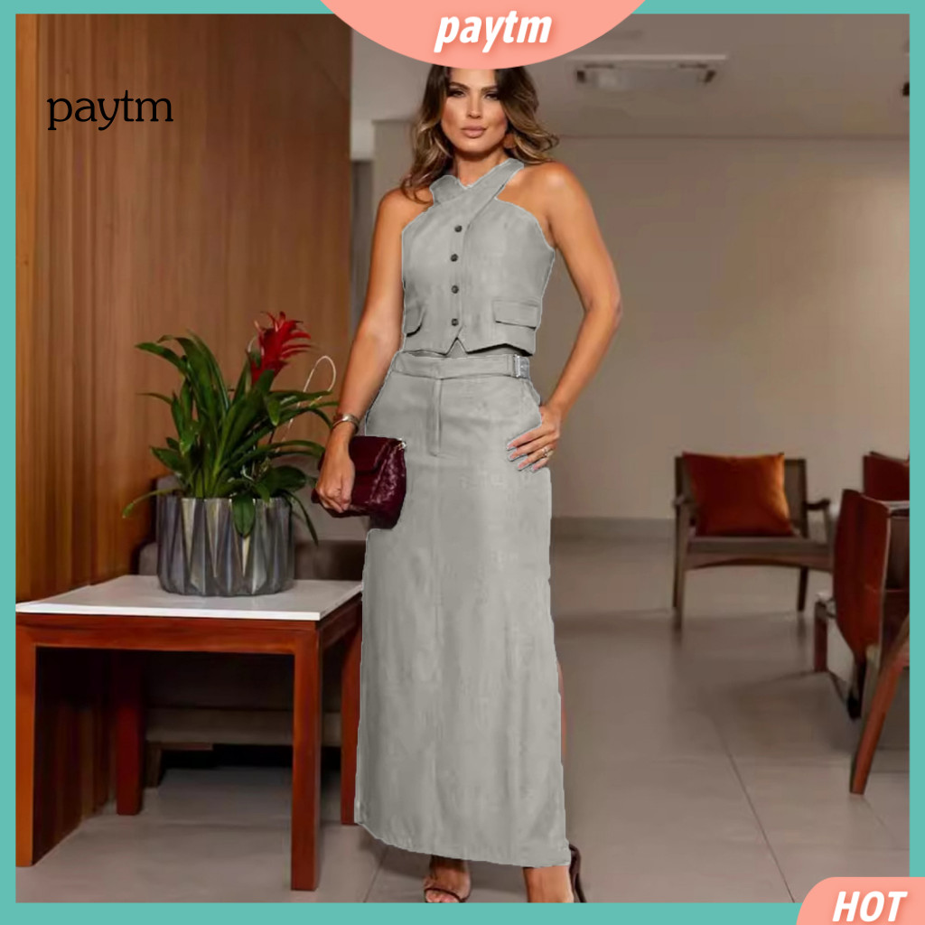 Women Commute Outfit Maxi Skirt Set 2 Pcs Vest Halter Neck Backless Top High Waist Side Split Stylish Party Summer Fashi
