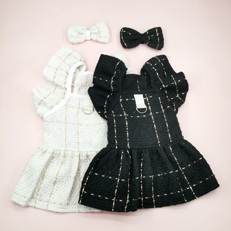 Roupa Shitzu Dog Clothe Flying Sleeve Skirt Para Cão Teddy White Black Dress Corsage Set De Gato Aniversário