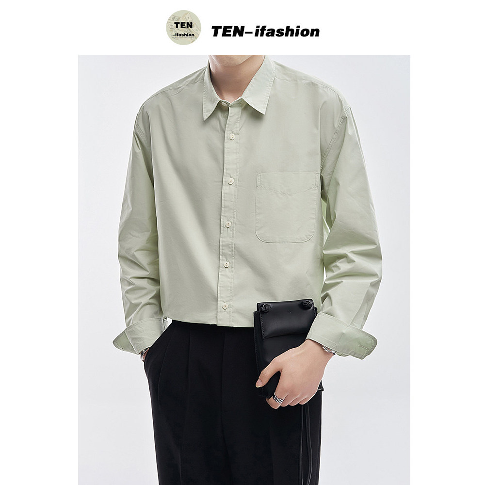 Primavera High-End camisa de cor sólida masculina de manga comprida versão coreana na moda estilo Hong Kong estilo japon