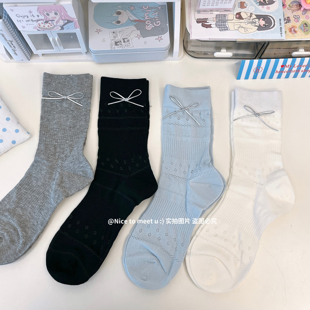 Estilo coreano Bowknot menina meias desossadas malha pilha meias femininas ins doce tubo médio meias estilo Ballet japon
