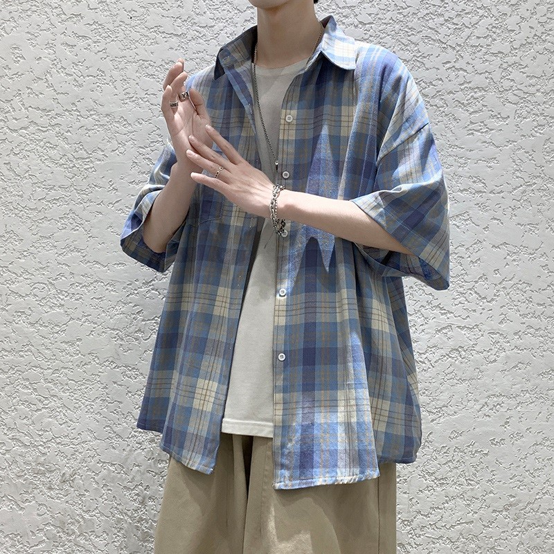 P camisa xadrez masculina de manga curta ins estilo Hong Kong solto jaqueta de verão versão coreana na moda estilo japon