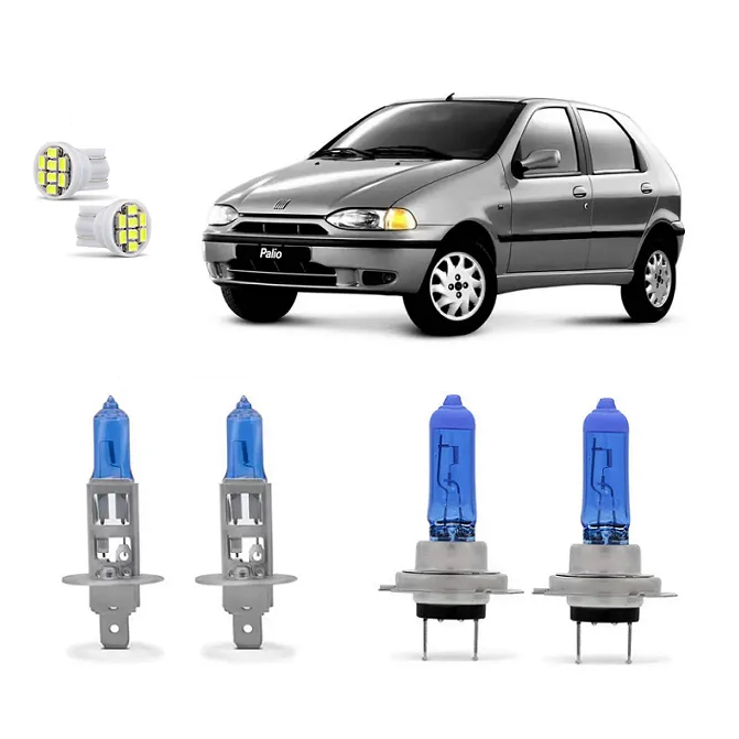 Kit 4 Lampada Super Branca Farol Fiat Palio Siena Strada 1996 1997 1998 1999 2000 8500k  H7 H1 12v
