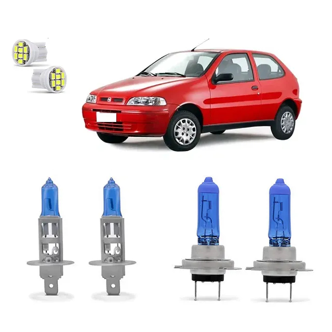 Kit 4 Lampada Super Branca Farol Fiat Palio Siena Strada 2001 2002 2003 8500k H7 H1 12v 55w
