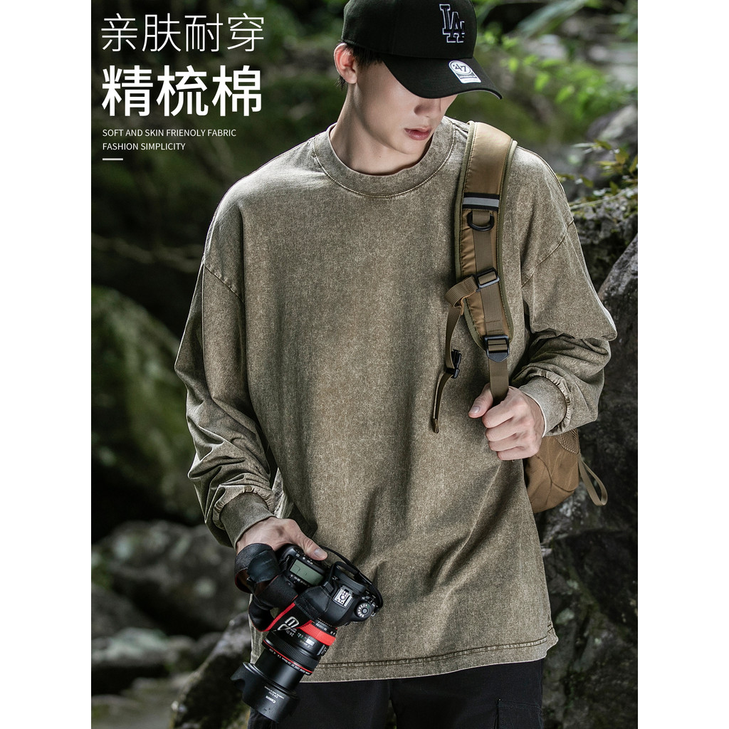 Americano Retro lavado de manga comprida camiseta masculina solta em torno do pescoço Casual topo primavera exército ver