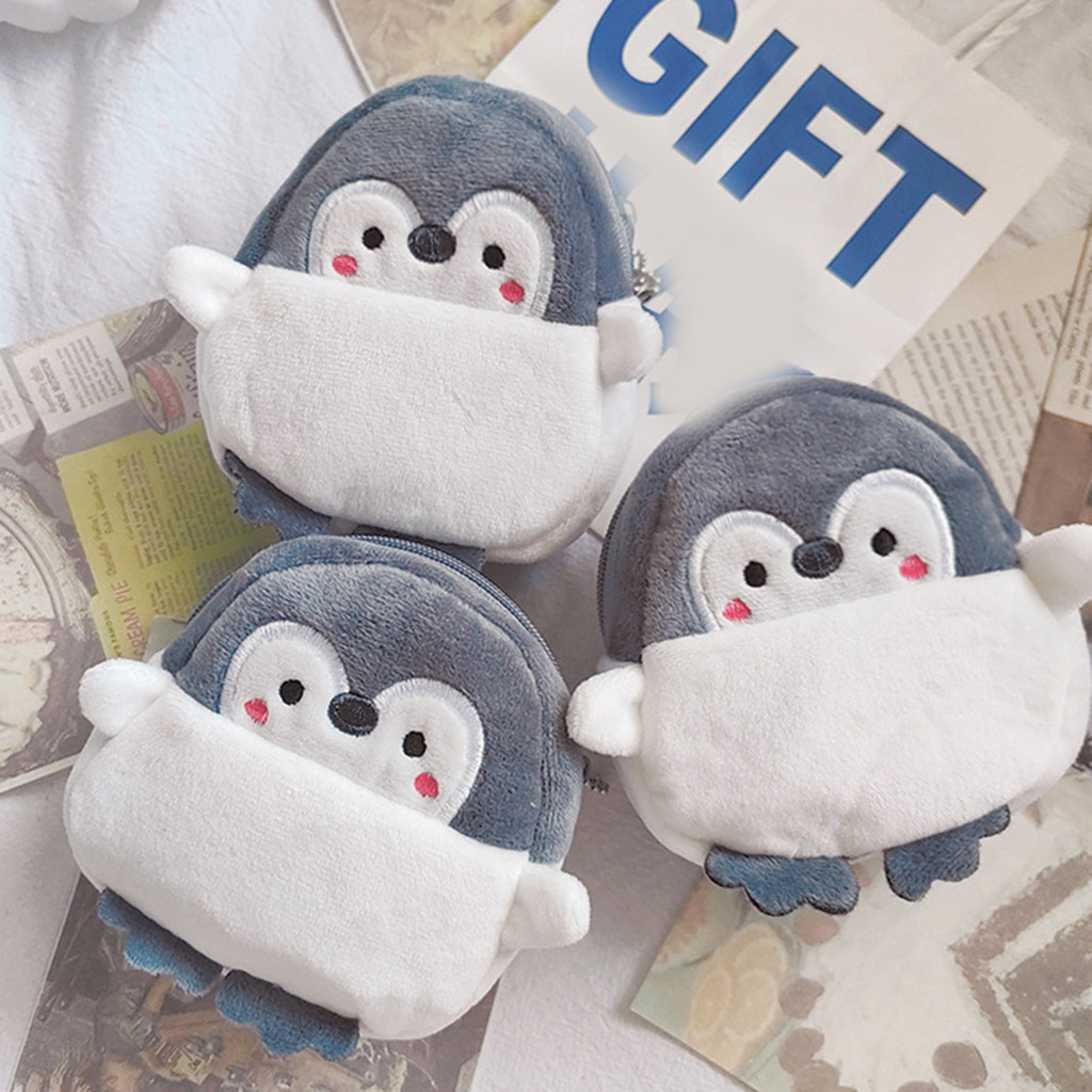 Porta-moedas, carteira, bolsa para moedas, pinguim de pelúcia fofo, tamanho pequeno com zíper, adequado para chaveiros,