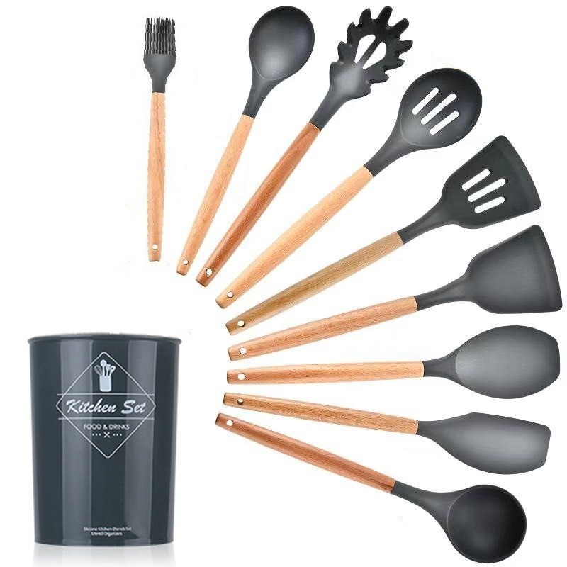 12 Pçs/Set Cabo De Madeira Silicone Utensílios De Cozinha Espátula E Colher Balde De Armazenamento Conjunto Para Ferrame
