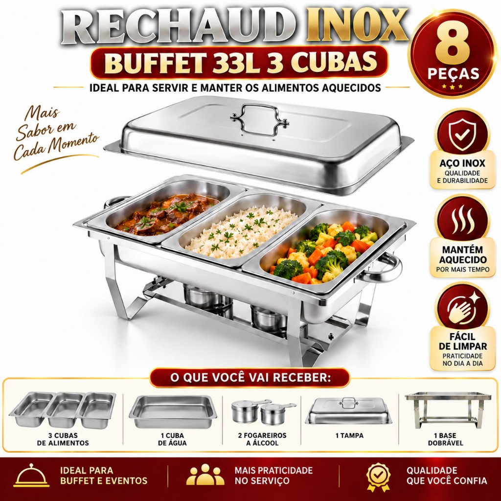 33L Stainless Steel Chafing Dish for Large Buffets | Cooking and Keeps Warm - 3 in 1 Set/ Restaurants Parties