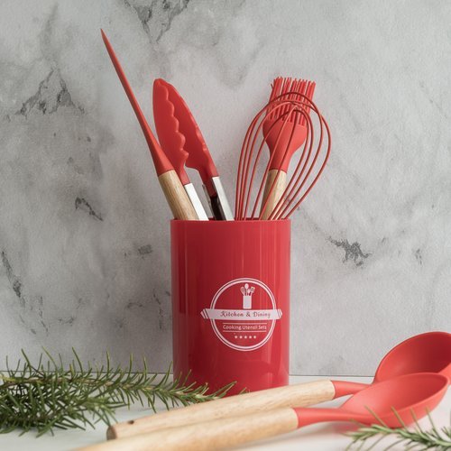 Kit Utensilios Silicone Vermelho Cabo Madeira Cozinha Resistente Set 7 Pecas