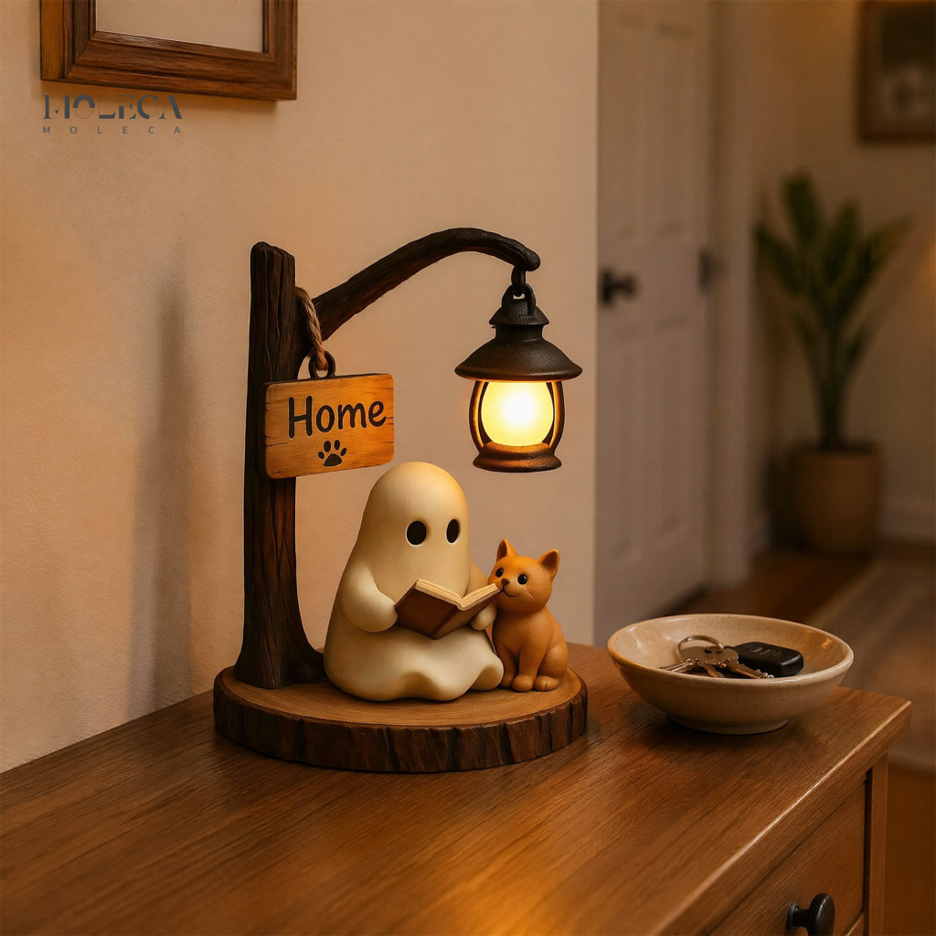 Reading Ghost Figurine Cartoon Halloween with Led Light-up Street Lamp Resin Cat Desktop Decoration Spooky Holiday Party