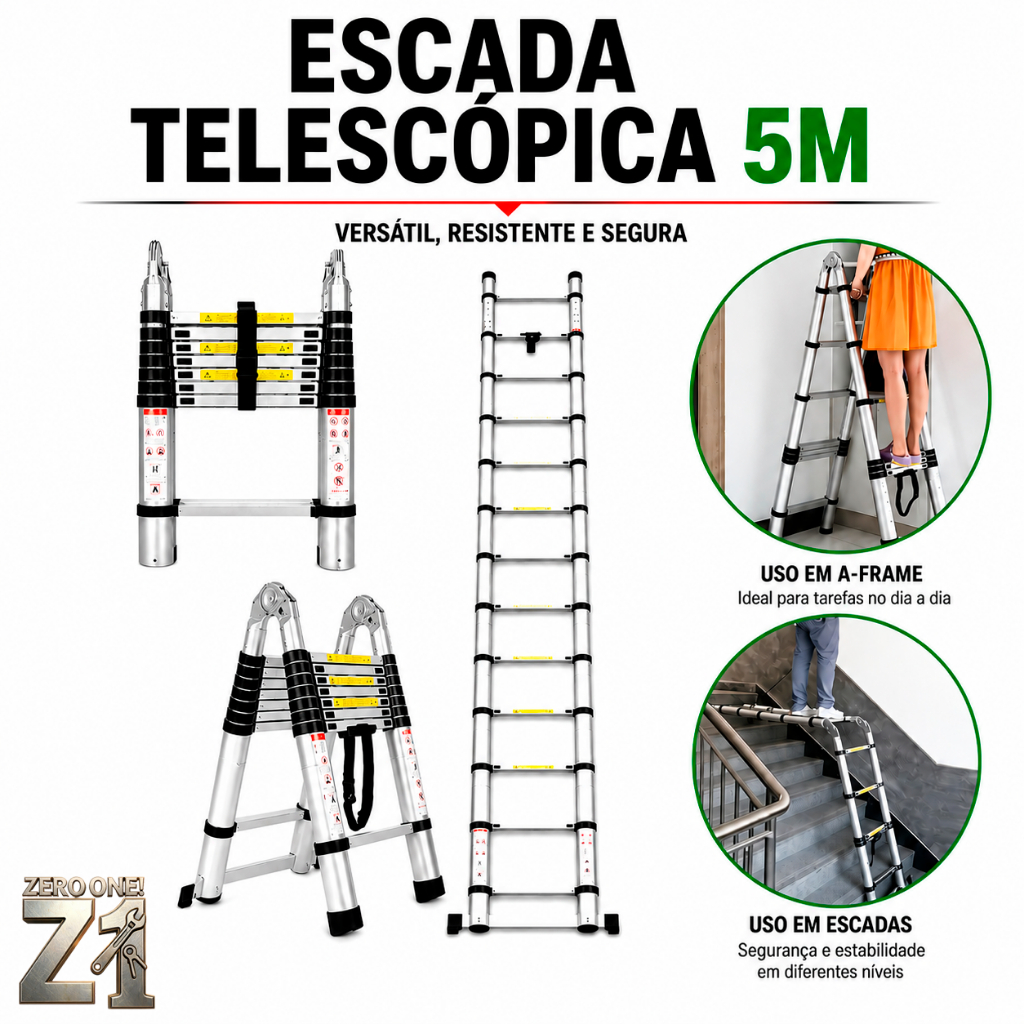 Escada Telescópica Profissional 5M Dupla Alumínio 16 Degraus Reforçada Compacta Sistema de Segurança