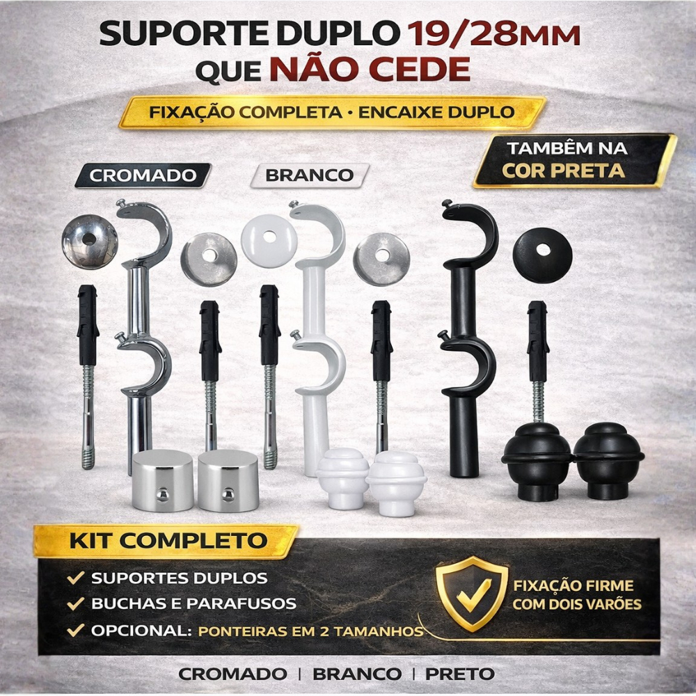 14 Unidades Suporte Duplo Cromado Profissional 19/28mm em Alumínio Puro – Sistema Dupla Estabilidade™
