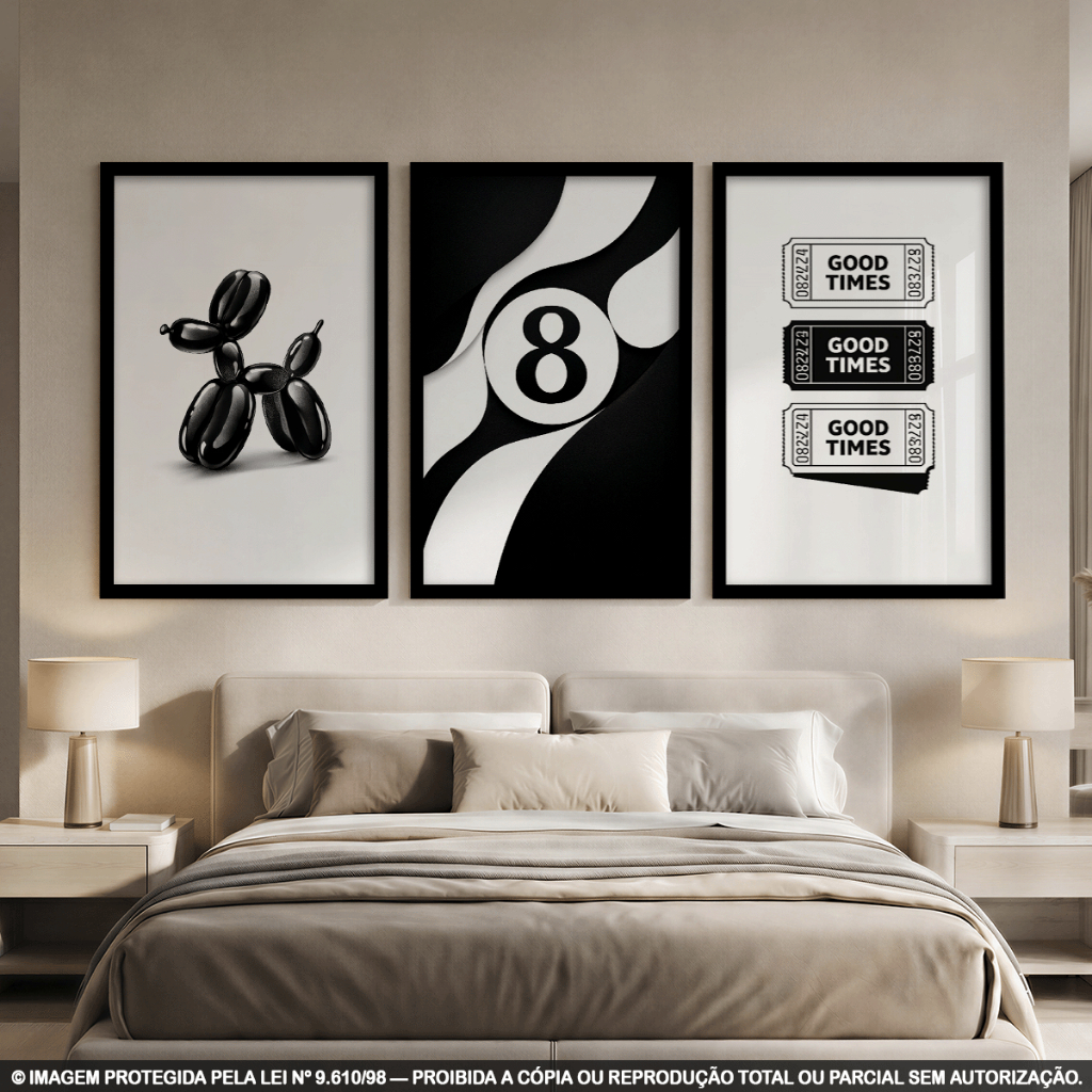 Kit 3 Quadros Decorativos Preto e Branco com Bola 8, Balloon Dog e Good Times