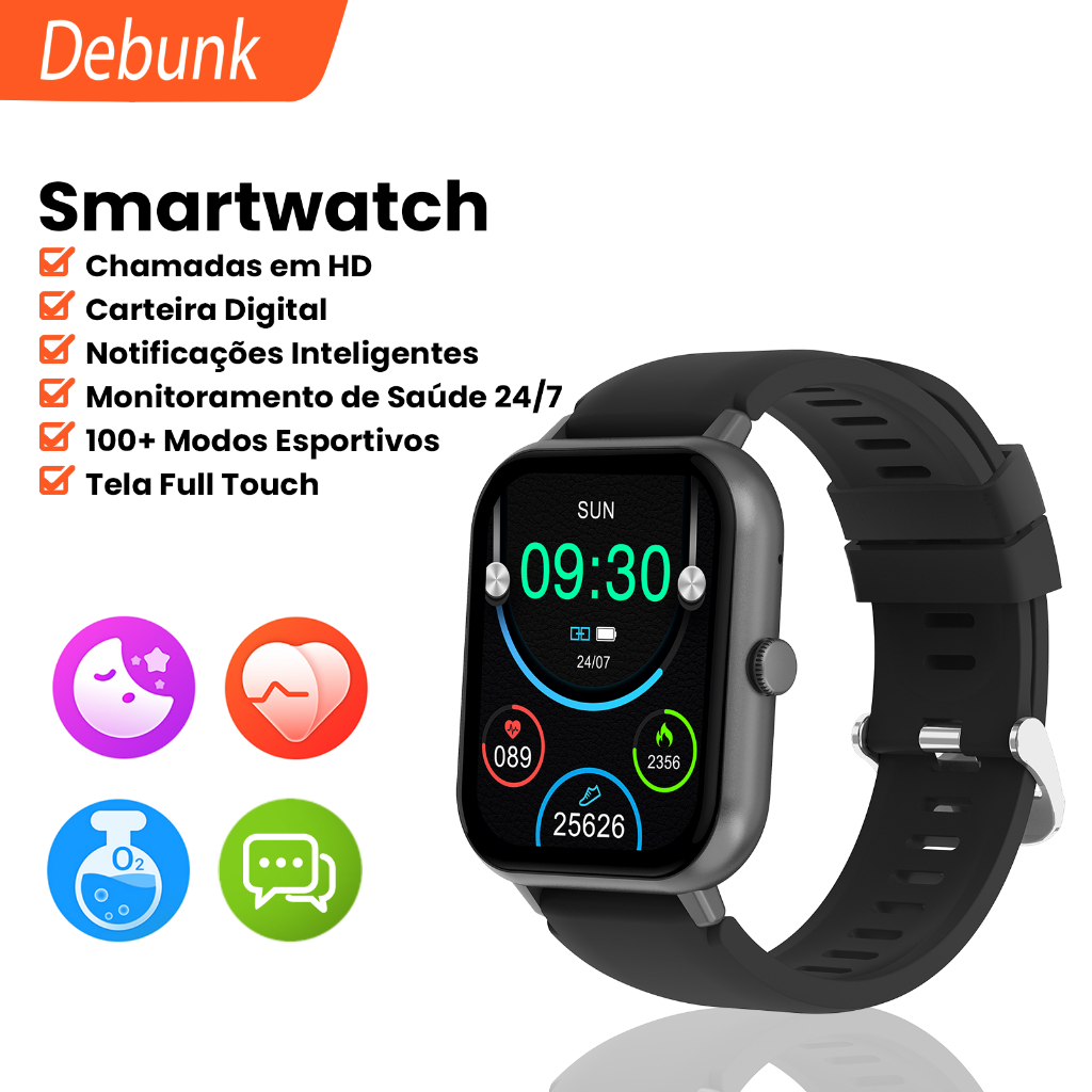 O smartwatch Debunk tem um ecrã de 1,83 polegadas, resistência à água IP68, mais de 100 modos desportivos e a capacidade