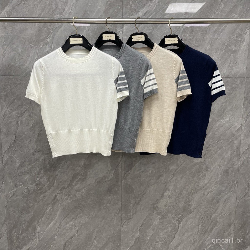E9YC Summer new classic four-stripe round-neck, three-button waist-cinching knitted short-sleeve women's top, versatile
