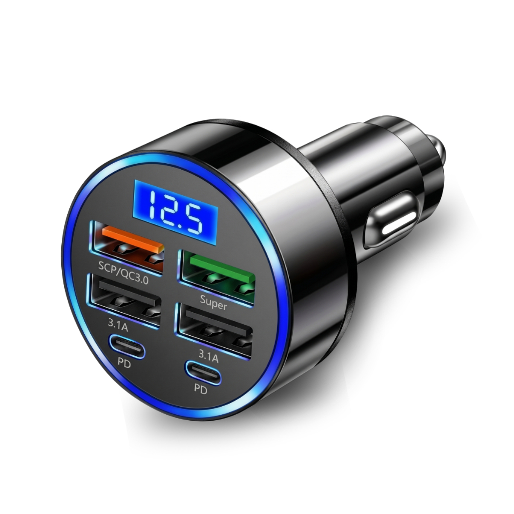 Adaptador De Carro 12v Carregador Rapido Celular Turbo + 4 Entradas USBC USBA