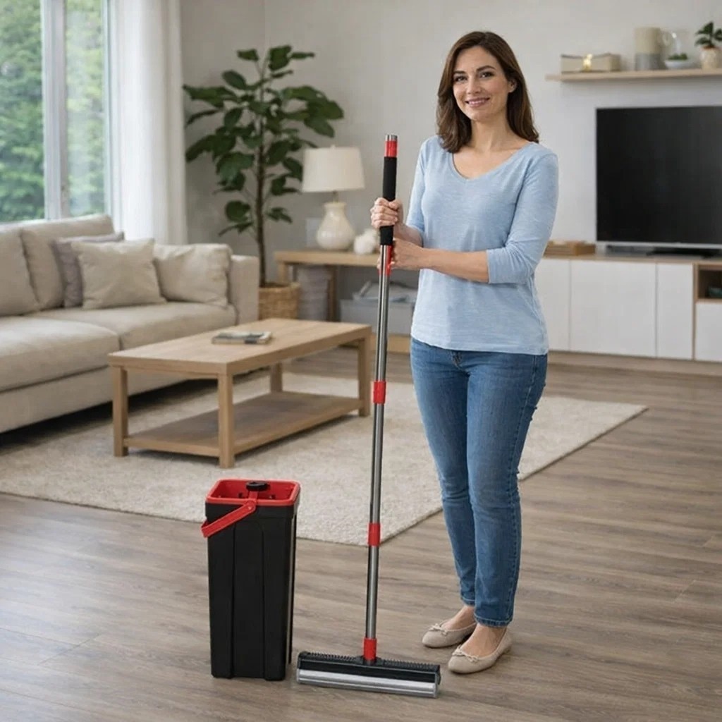 Mop Esponja Balde Esfregão Torção Higiênico Cabo Inox Limpeza Piso Achadinhos