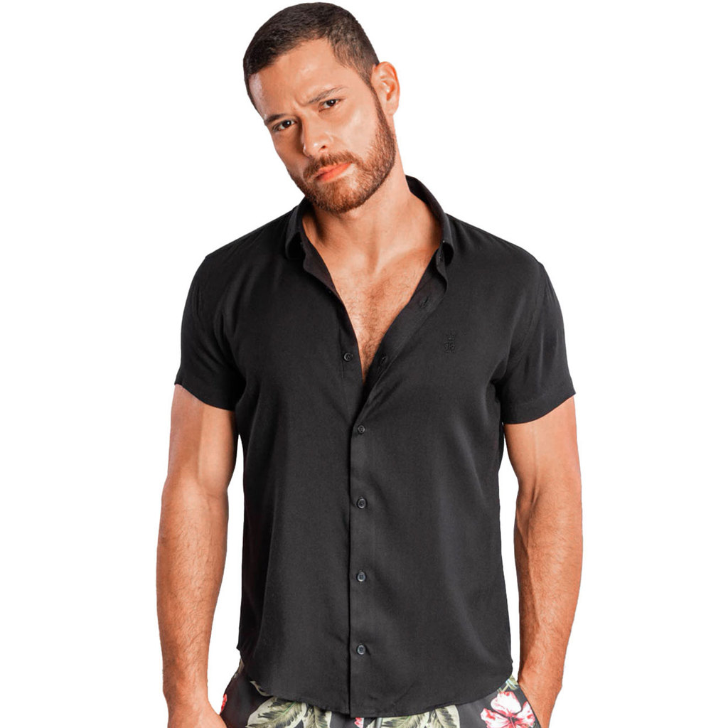 Camisa Sergio K Masculina Manga Curta Regular Viscose Twil Original Preta