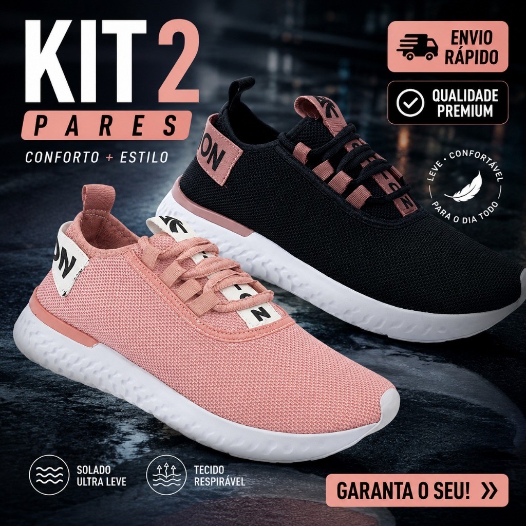 Kit 2 Pares Tênis Feminino Esportivo Casual Academia Caminhada Leve Confortável 34 ao 39 Promoção Oferta Envio Imediato