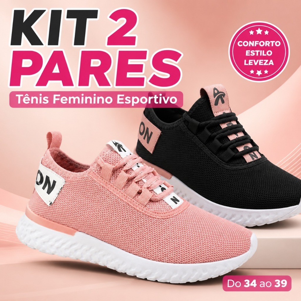 Kit 2 Pares Tênis Feminino Moderno Casual Fitness Academia Confortável Do 34 ao 39 Promoção