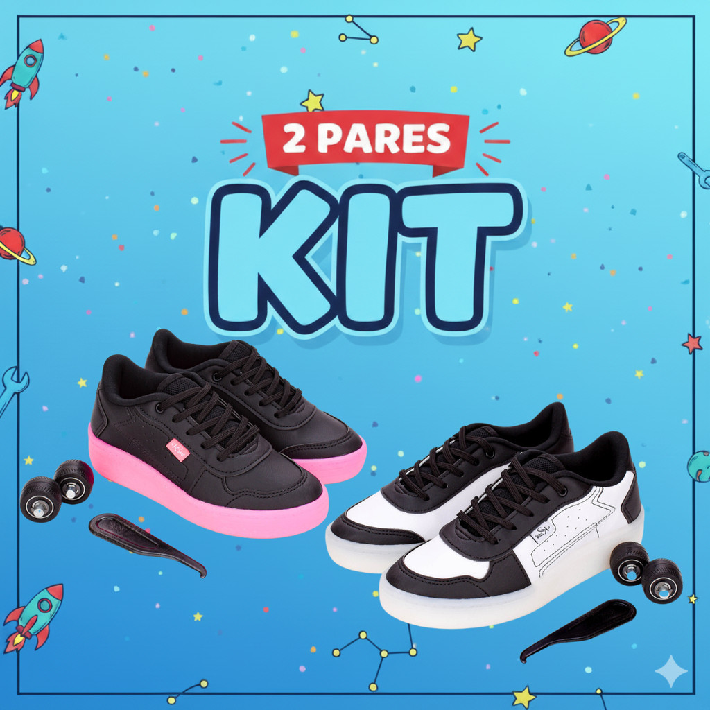 Kit 2 Pares Tênis de Rodinha Infantil Menina Kidy Luz LED Brinquedo Resistente Confortável Divertido